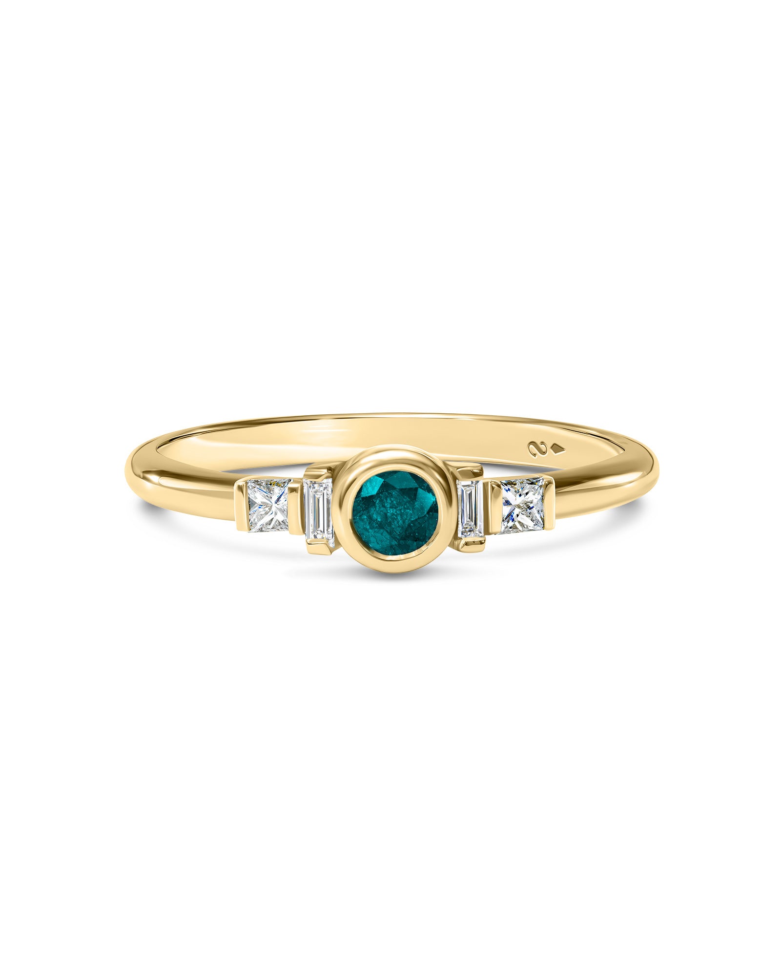 A yellow gold ring featuring a central round-cut emerald-cut green gemstone flanked by two small clear baguette diamonds and one round diamond, set against a plain white background.