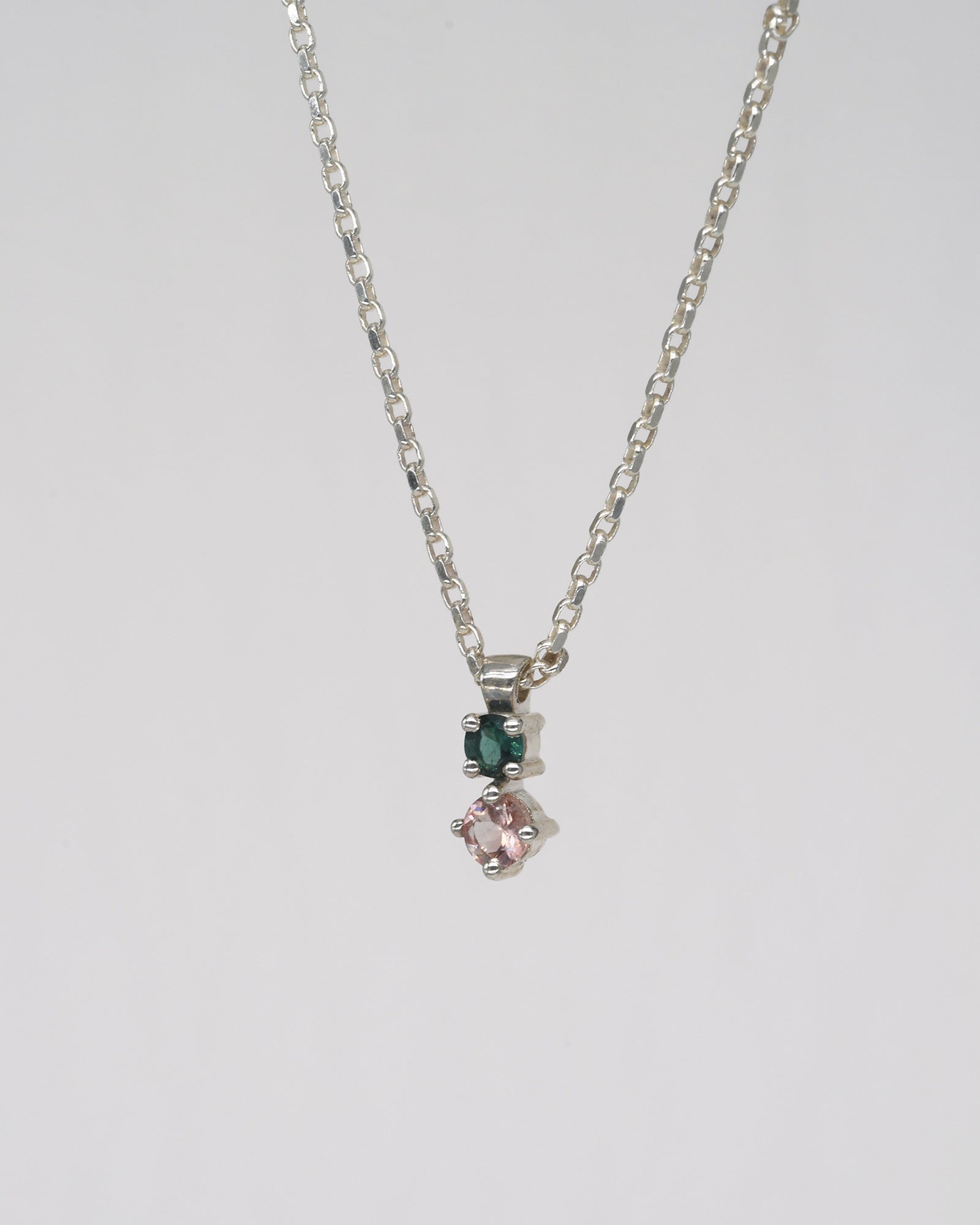 Silver Double Necklace - Green & Pink
