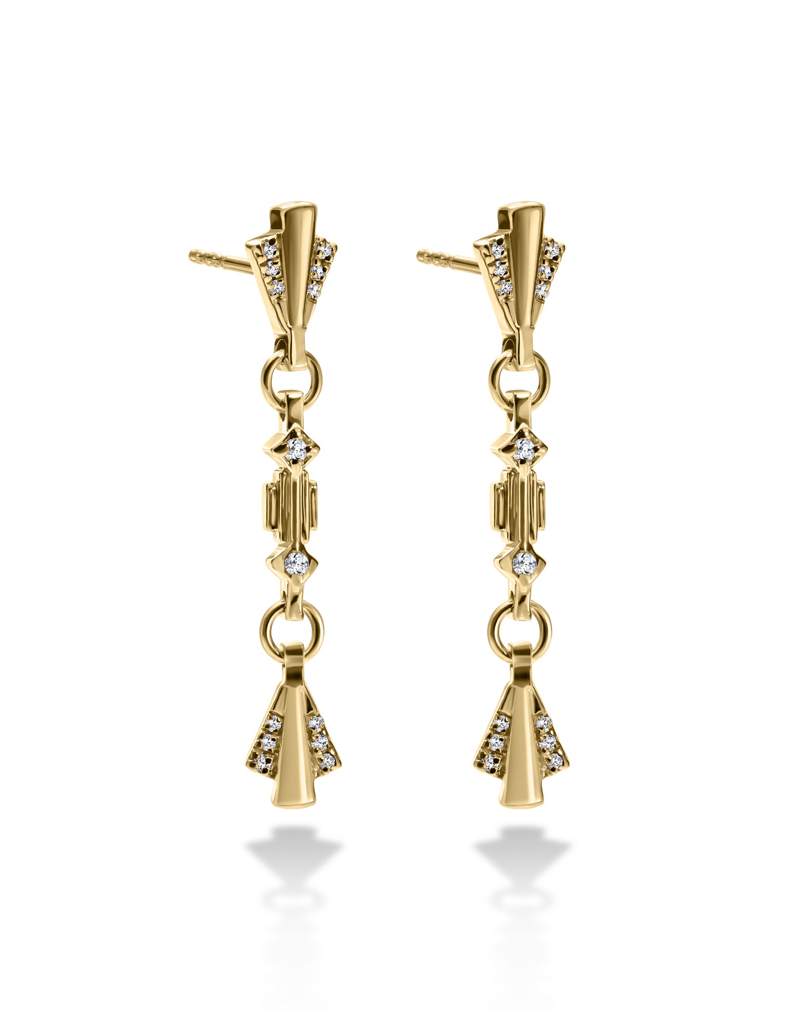 A pair of Art Deco style gold earrings with intricate patterns and dangling designs, featuring white diamonds.