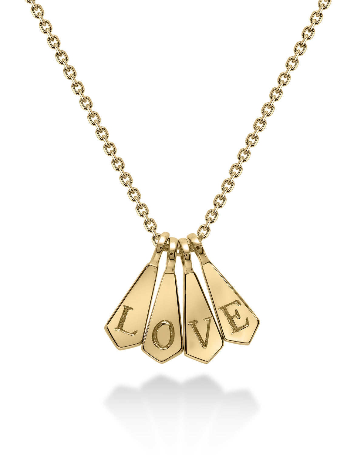 A gold chain necklace with a pendant made of four overlapping tag-like pieces spelling out the word LOVE, shown on a clean white background.