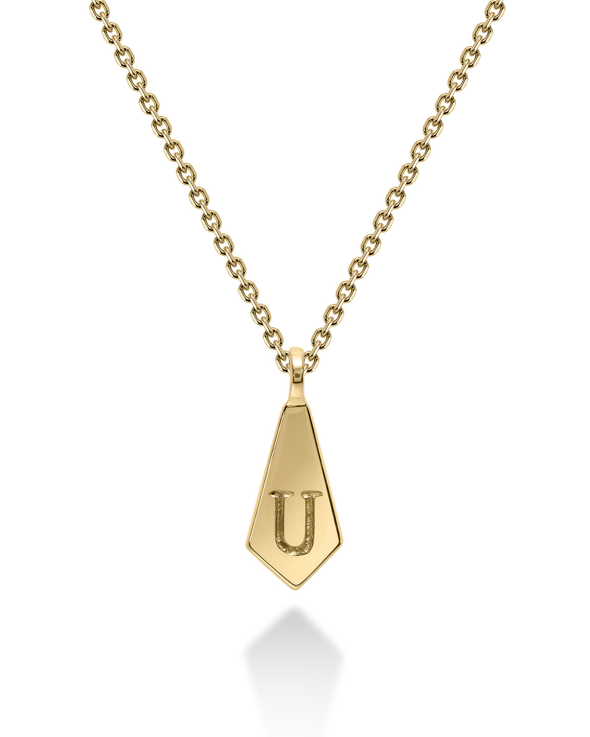 A gold initial pendant necklace featuring a faceted, diamond-shaped pendant engraved with the letter 'U', suspended from a delicate gold cable chain on a white background.