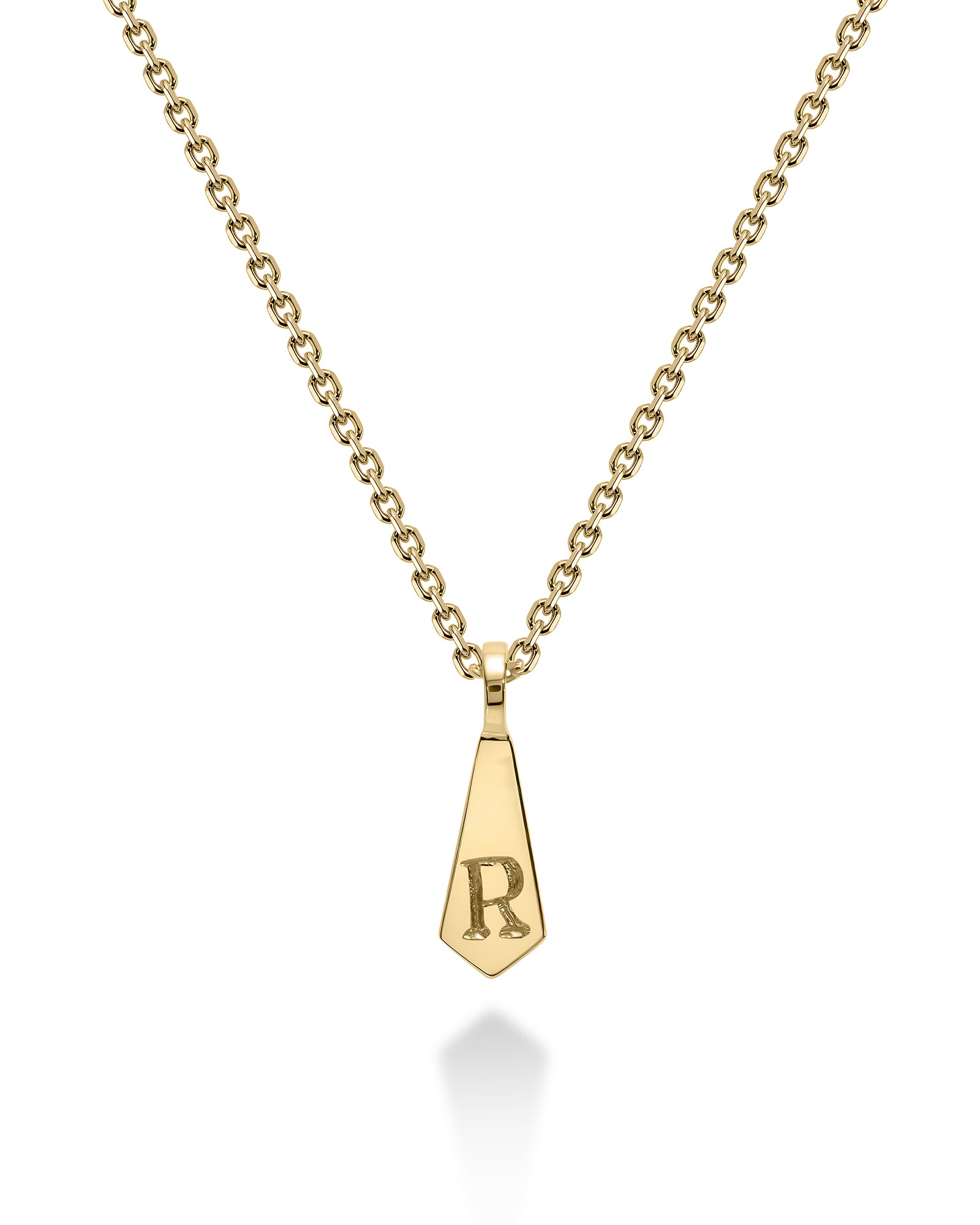 A gold initial pendant necklace featuring a faceted, teardrop-shaped pendant engraved with the letter 'R', suspended from a delicate gold cable chain on a white background.