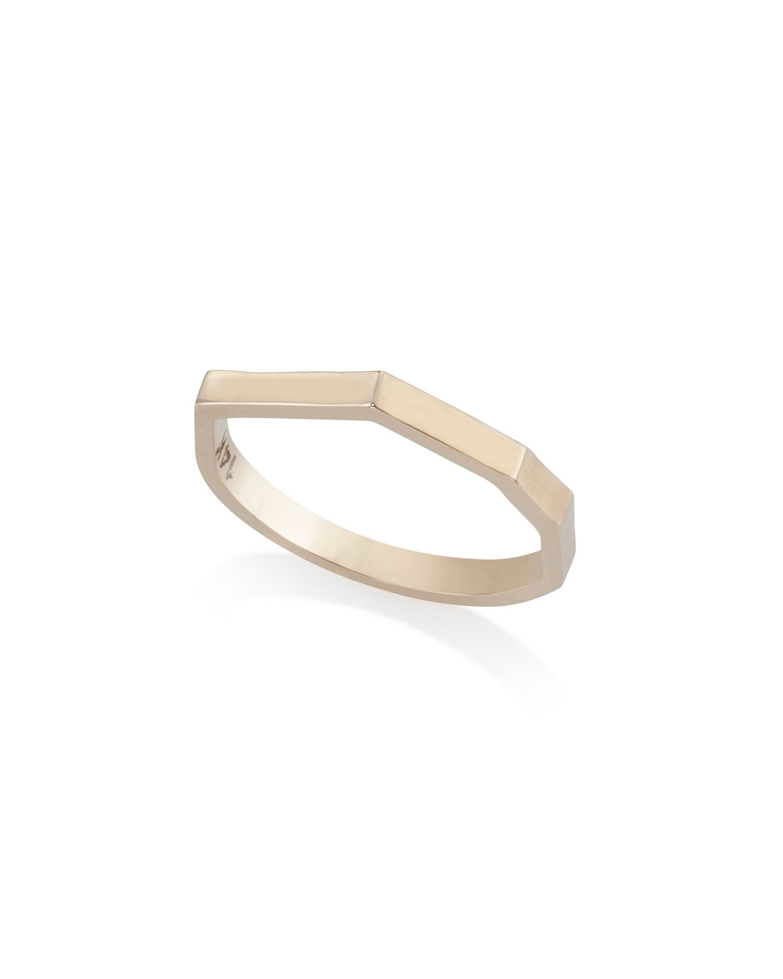 A solid gold band ring with a geometric front design, displaying sleek aesthetics.