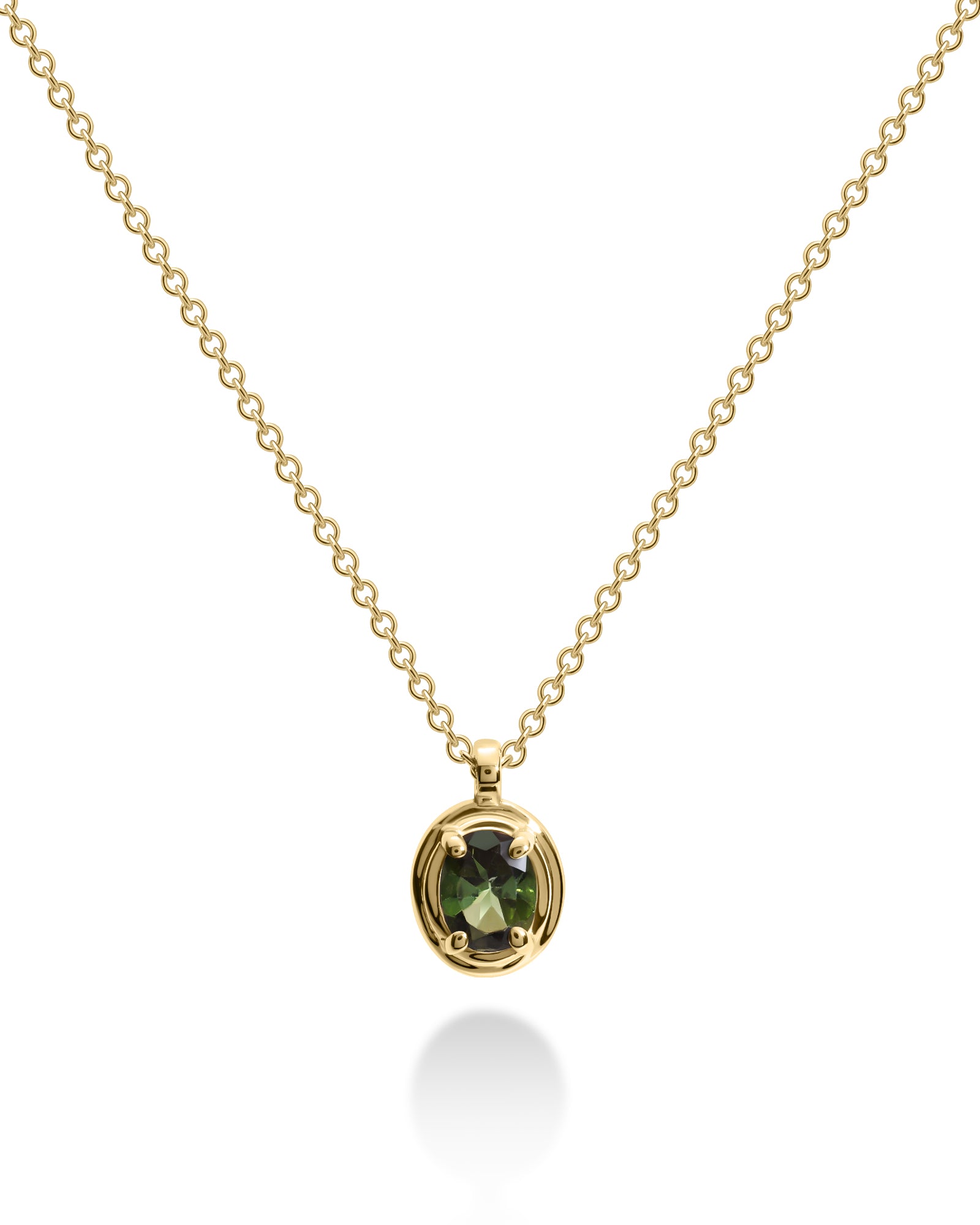 A gold necklace with a central tourmaline gemstone pendant, displayed on a white background.