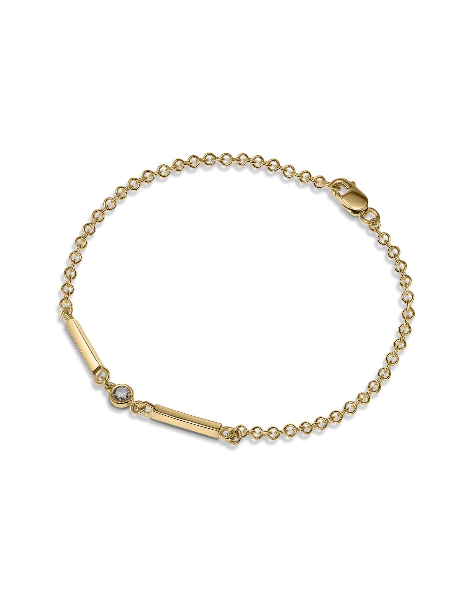 Gold bracelet with two horizontal bars and grey diamond