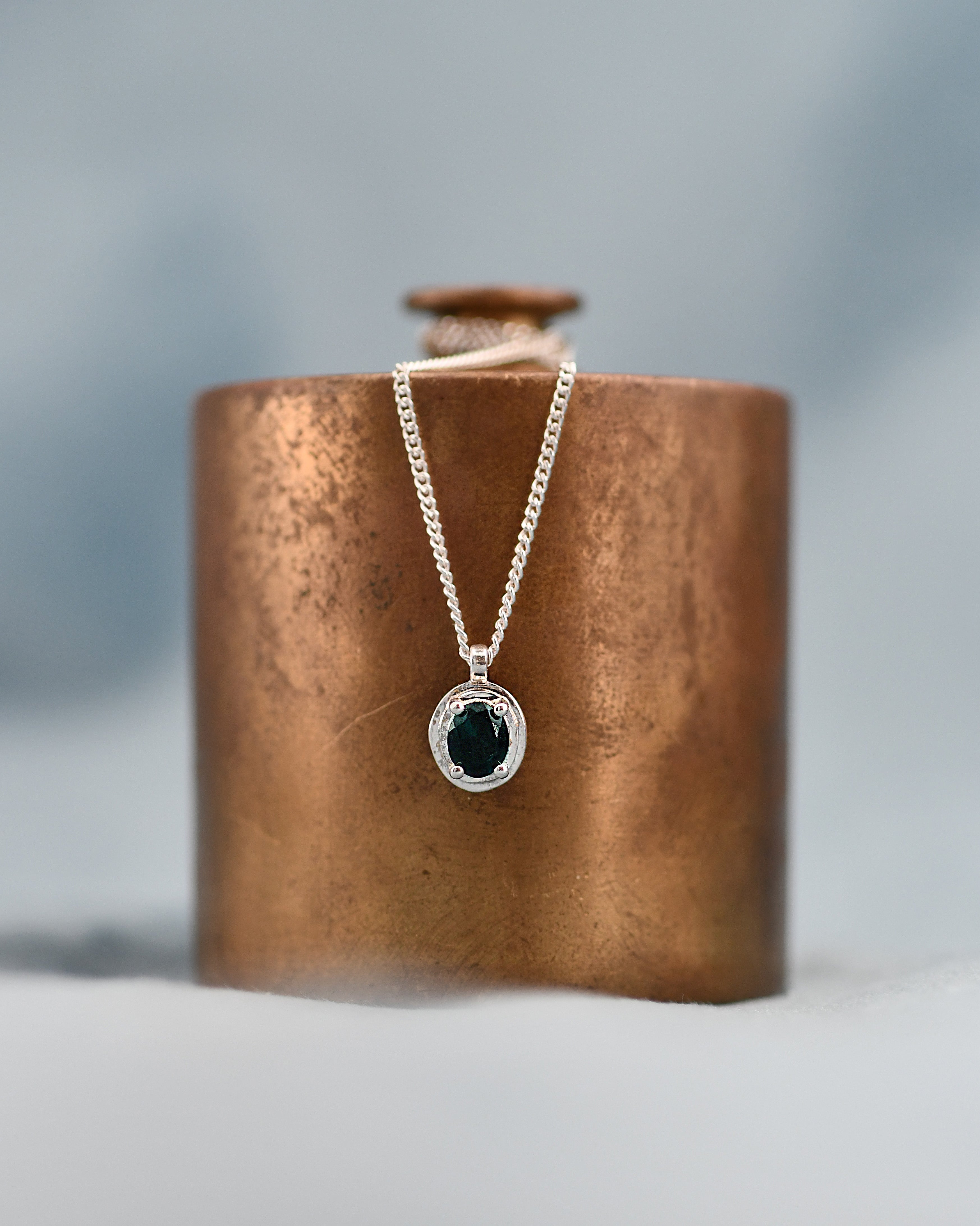 SILVER Necklace with green gemstone round pendant