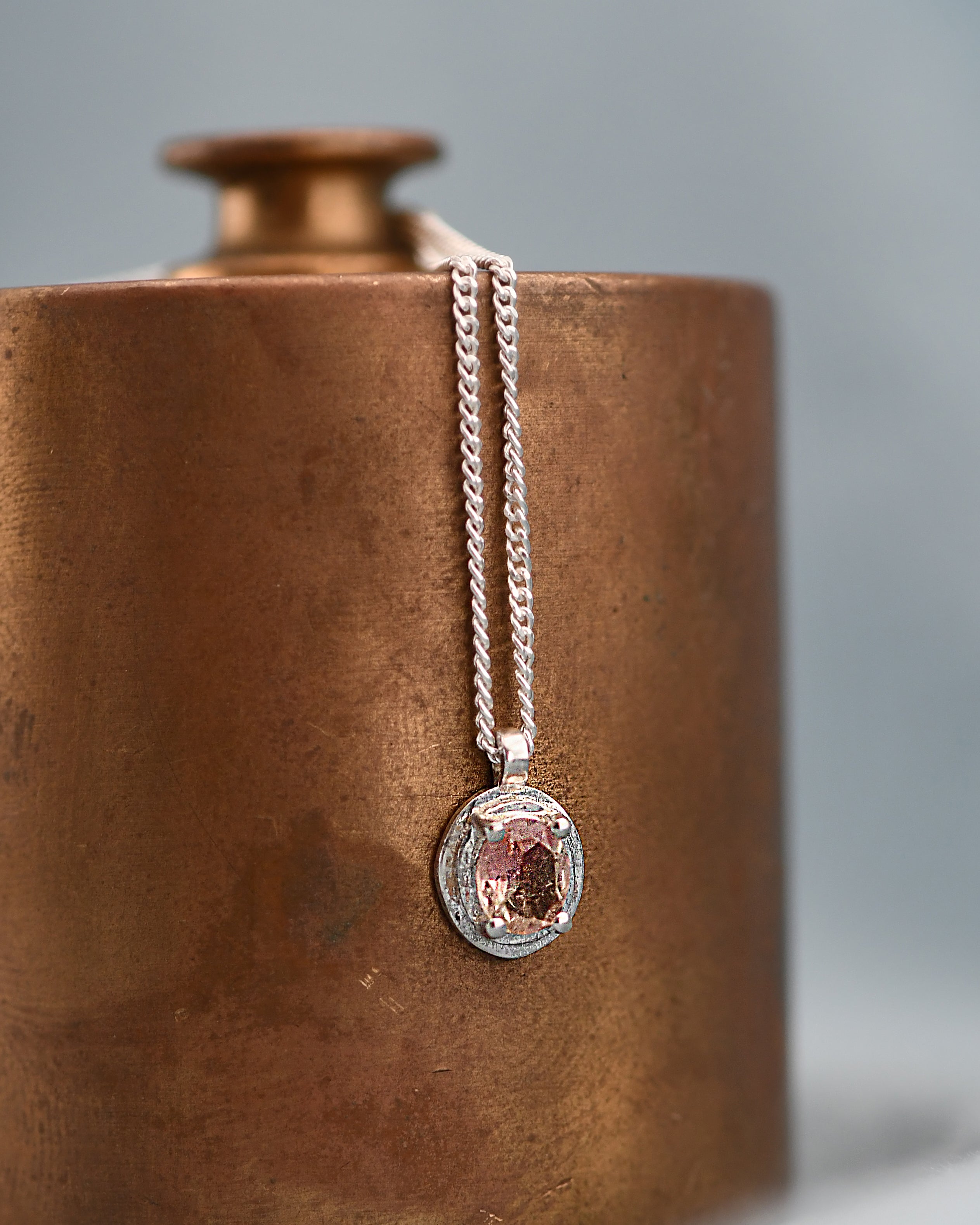SILVER Necklace with pink gemstone round pendant