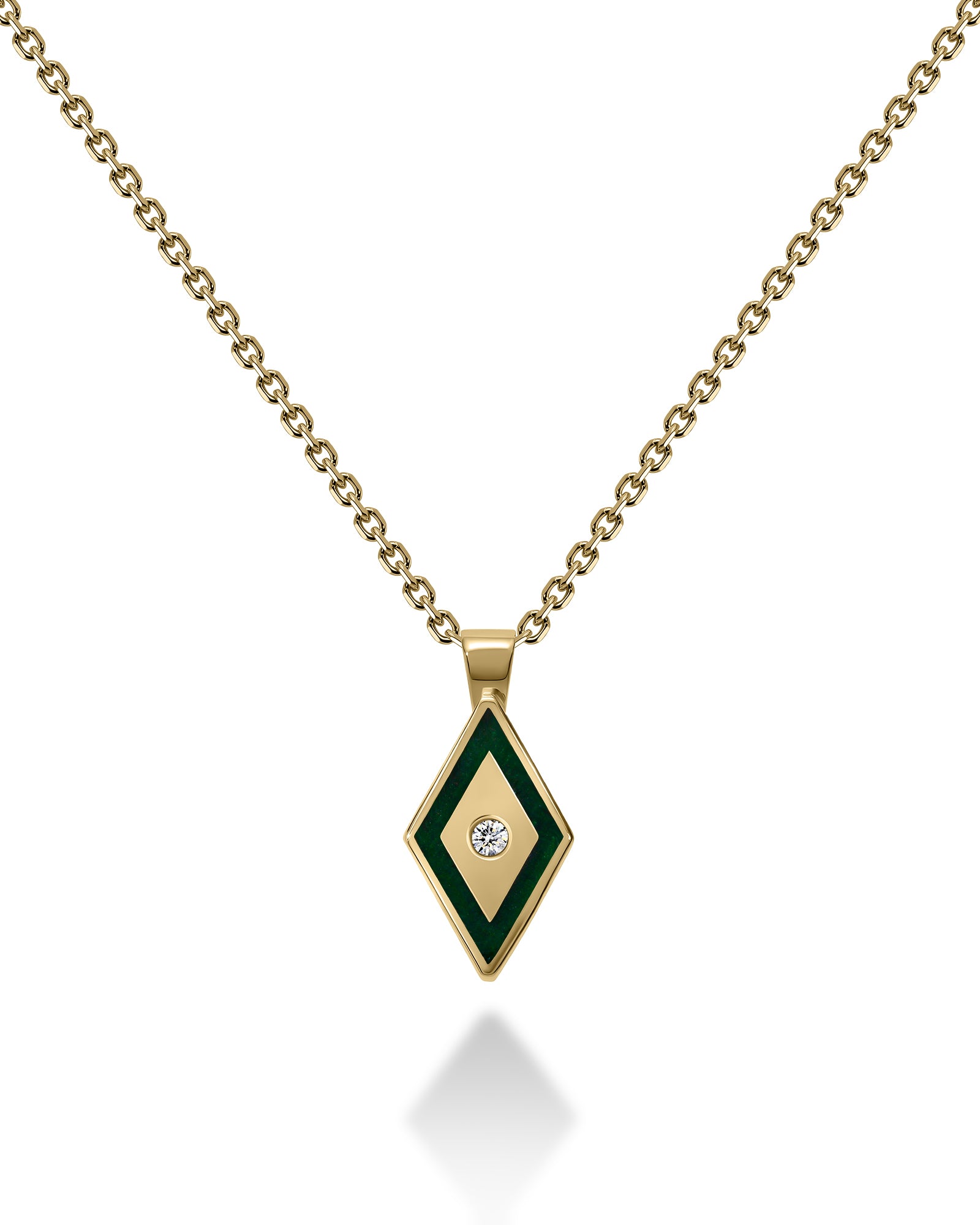 Gold necklace with a green diamond-shaped pendant 