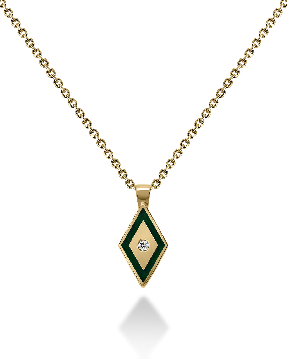 Gold necklace with a green diamond-shaped pendant 