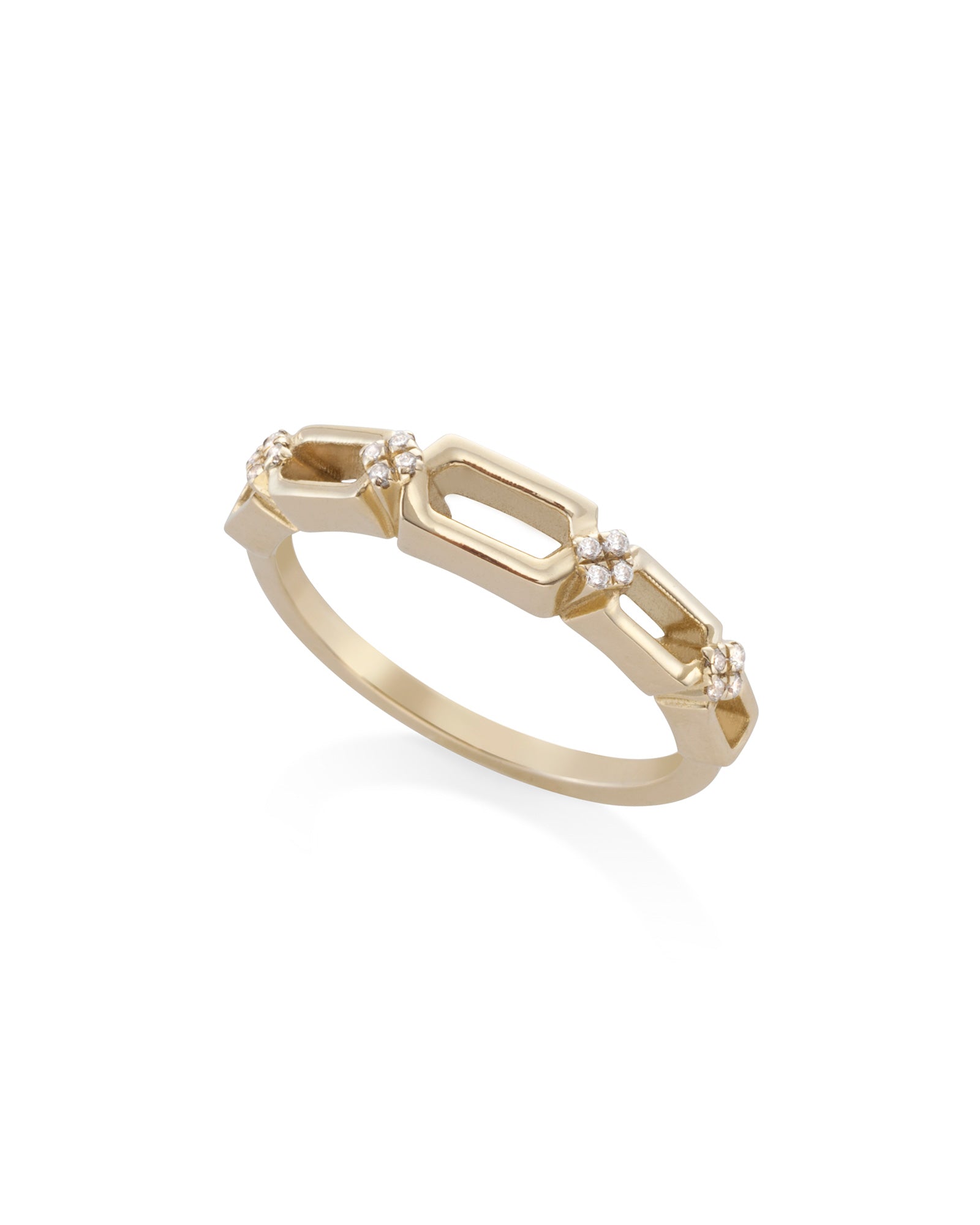 A gold ring featuring a hexagon link chain design with white diamonds set within.