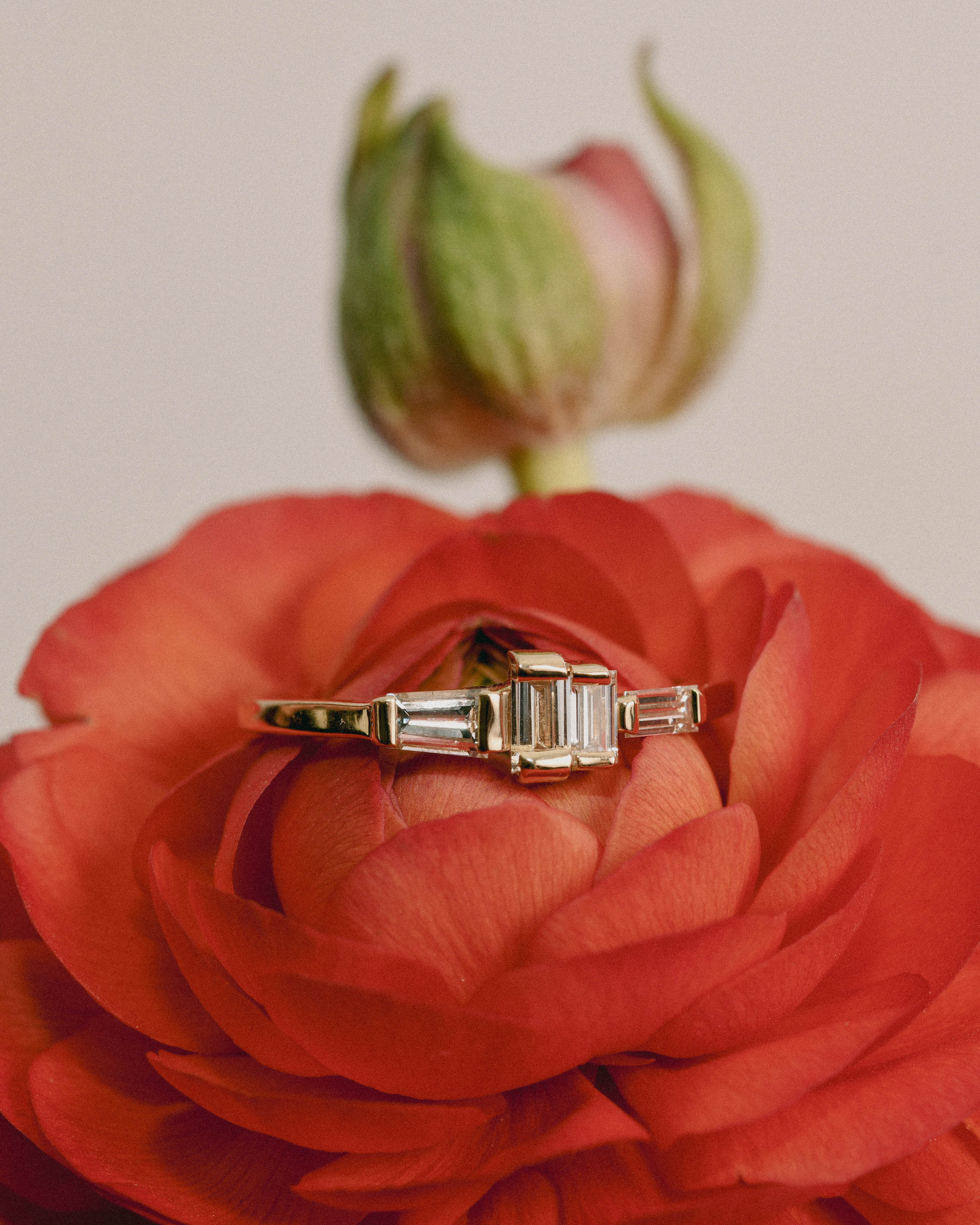 An engagement ring with white diamonds set in a gold band, displayed on a red flower.