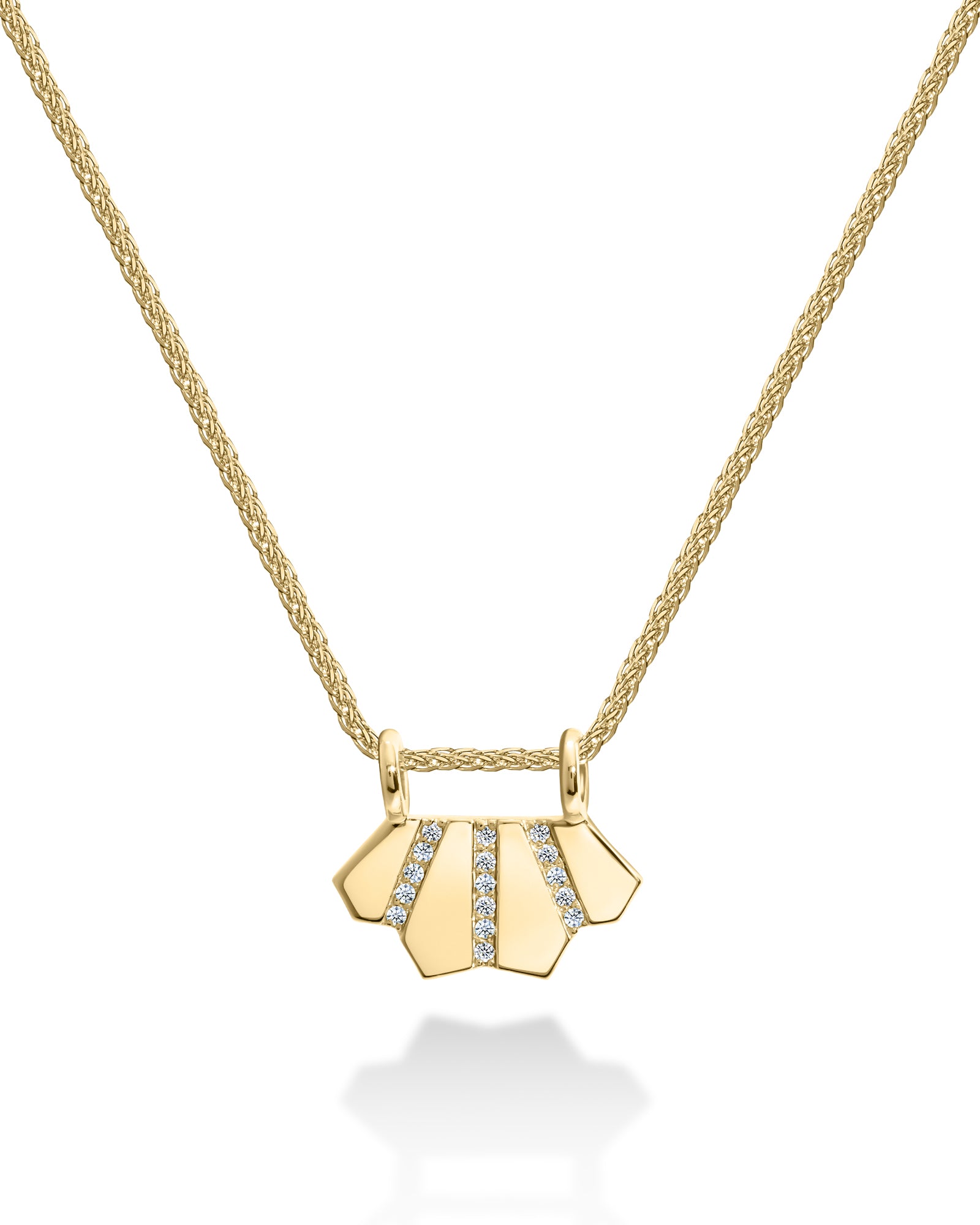 A gold necklace with a crown-shaped pendant featuring white diamonds.