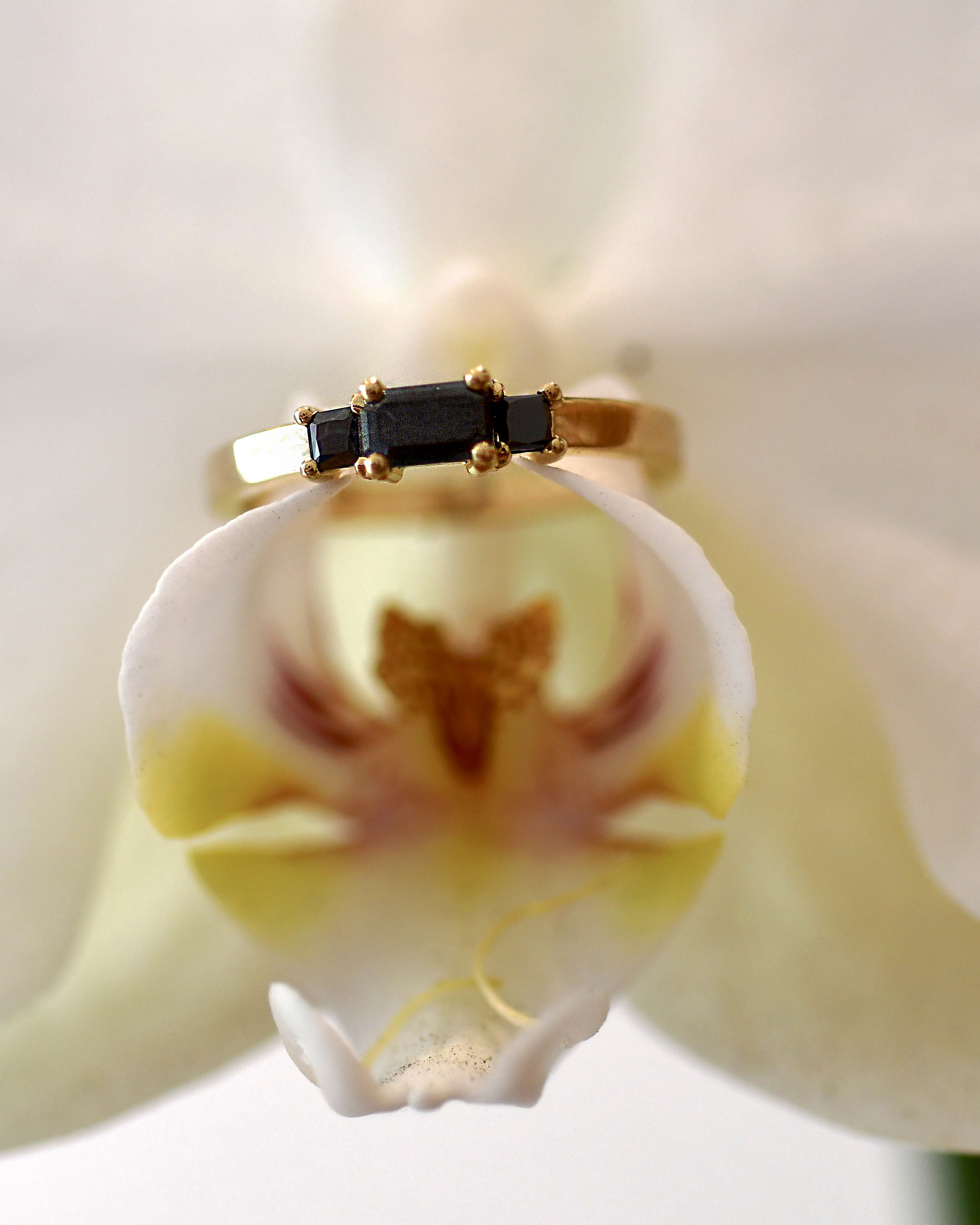 14k Gold ring with a black diamonds on a white orchid flower