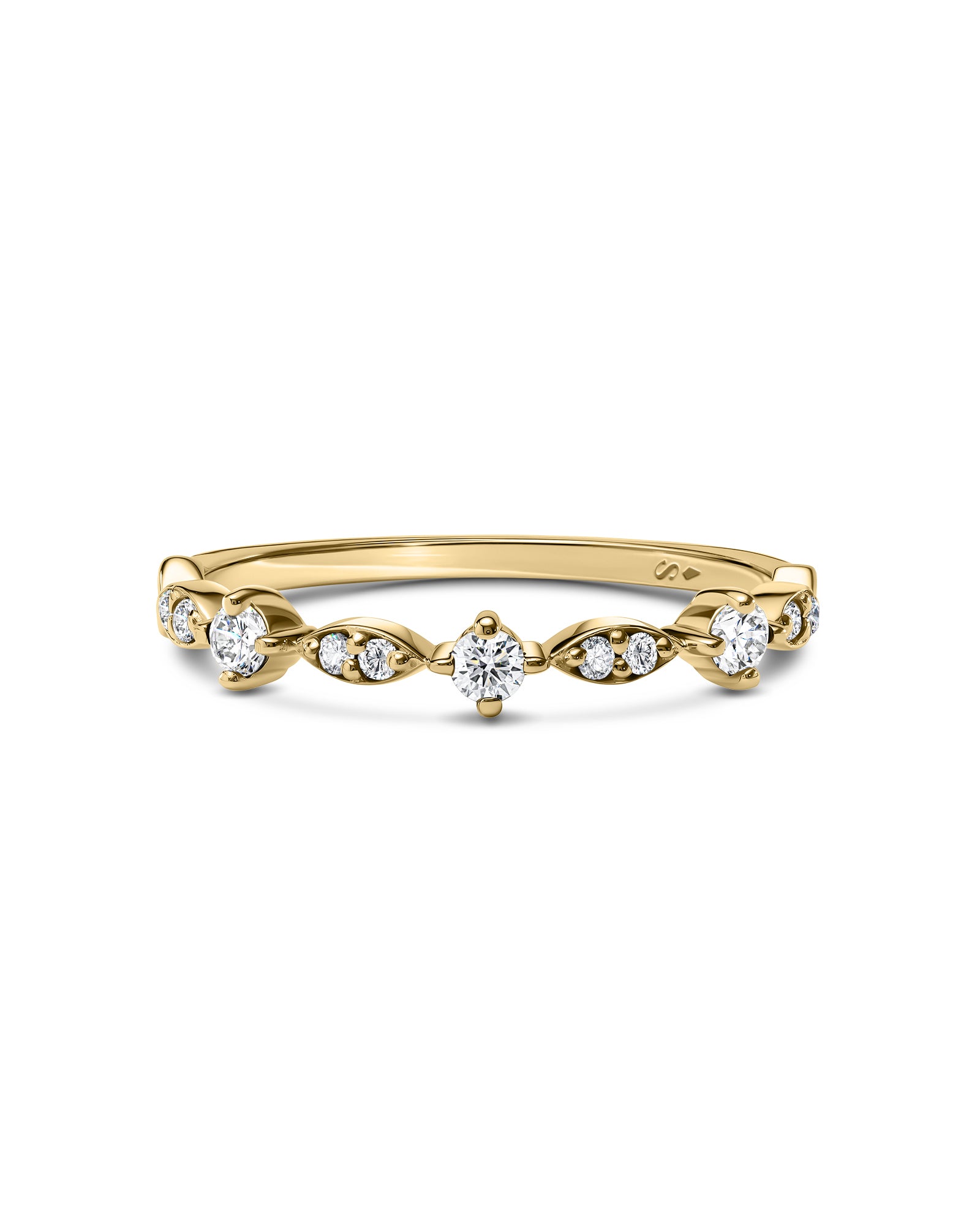 A yellow gold diamond ring with a curved pavé band featuring a central round-cut diamond and smaller diamonds set in marquise-shaped prong settings, shown on a plain white background.