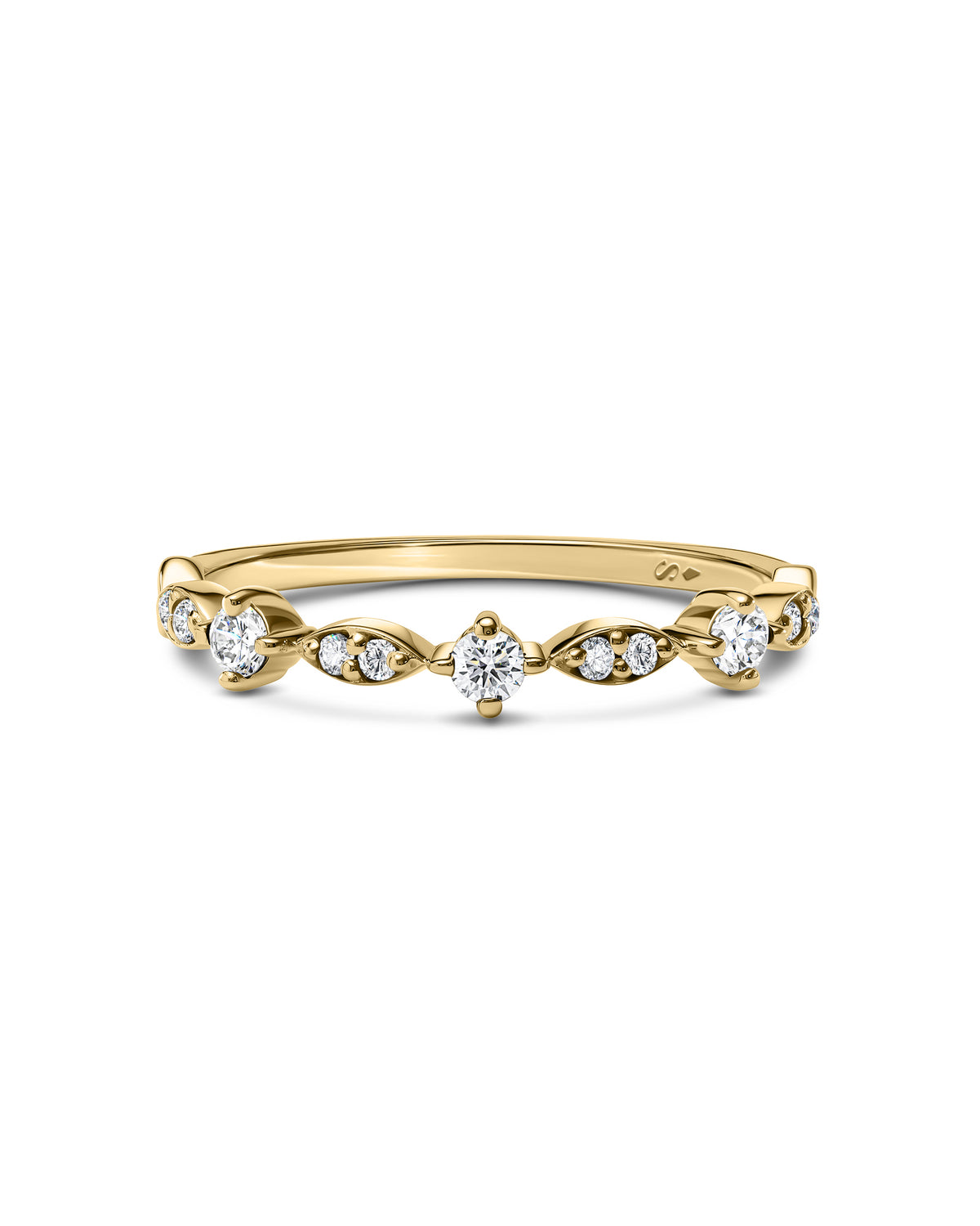 A yellow gold diamond ring with a curved pavé band featuring a central round-cut diamond and smaller diamonds set in marquise-shaped prong settings, shown on a plain white background.