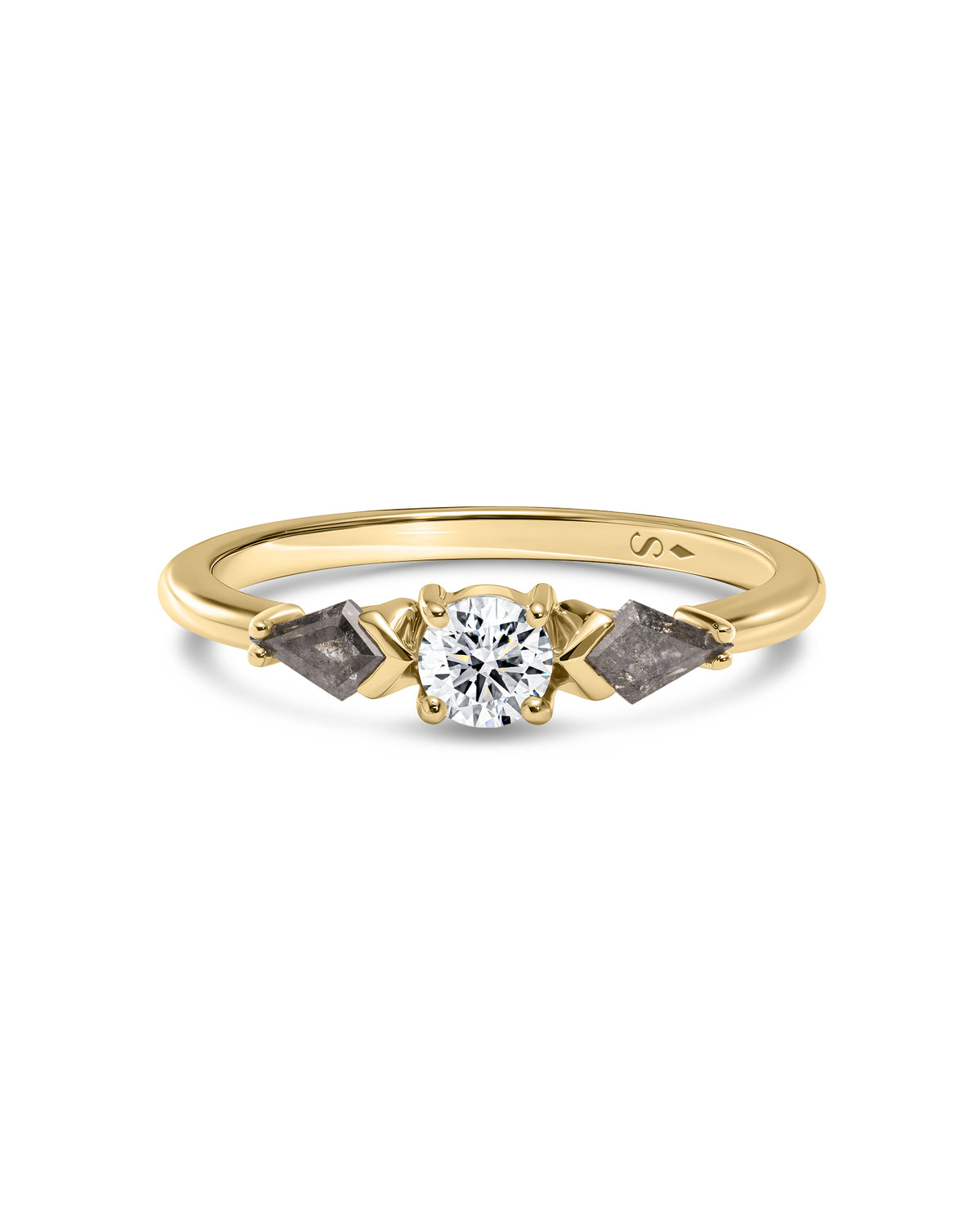gold ring with center round white diamond and two kite-cut grey diamonds in the side