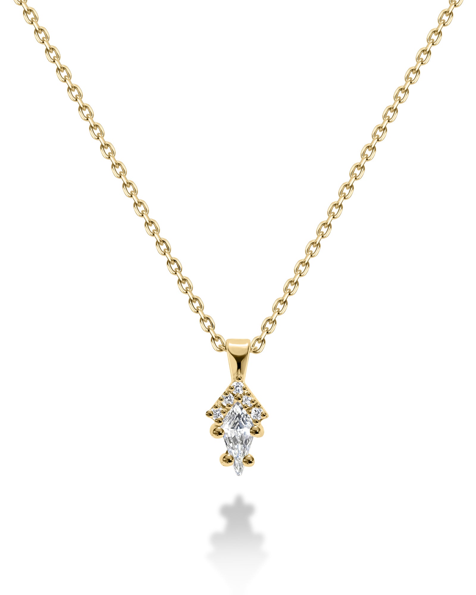 A gold-colored necklace featuring a white diamond pendant in a geometric shape.