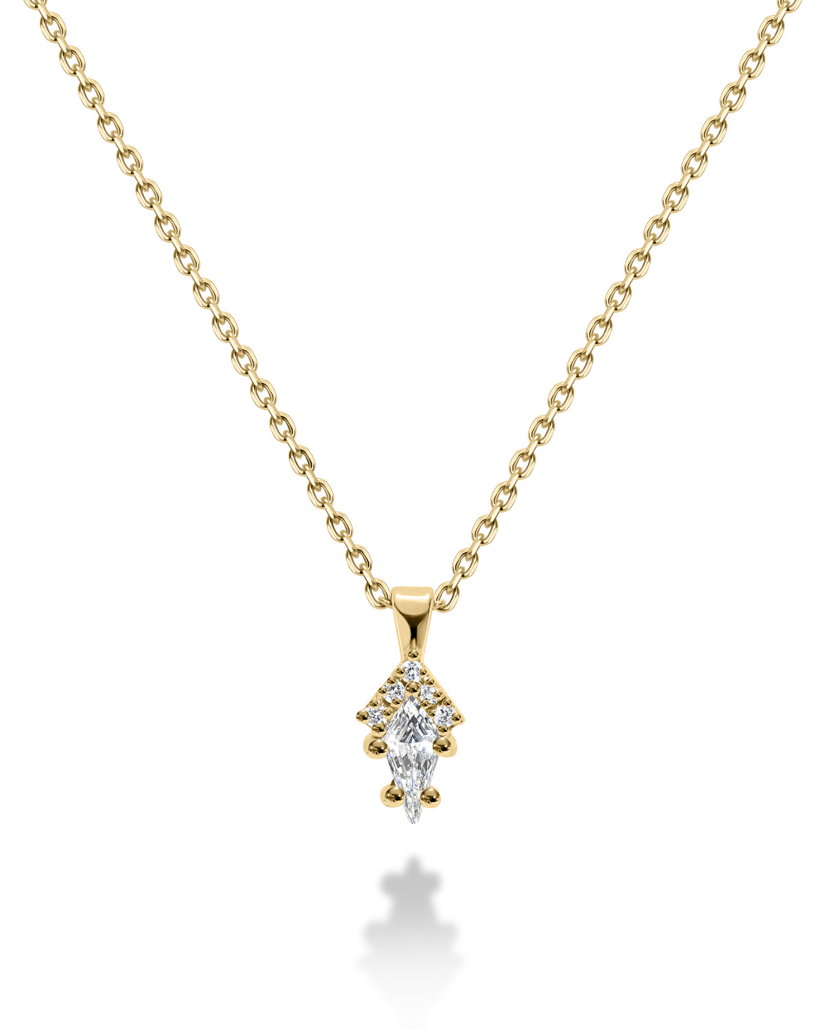A gold-colored necklace featuring a white diamond pendant in a geometric shape.