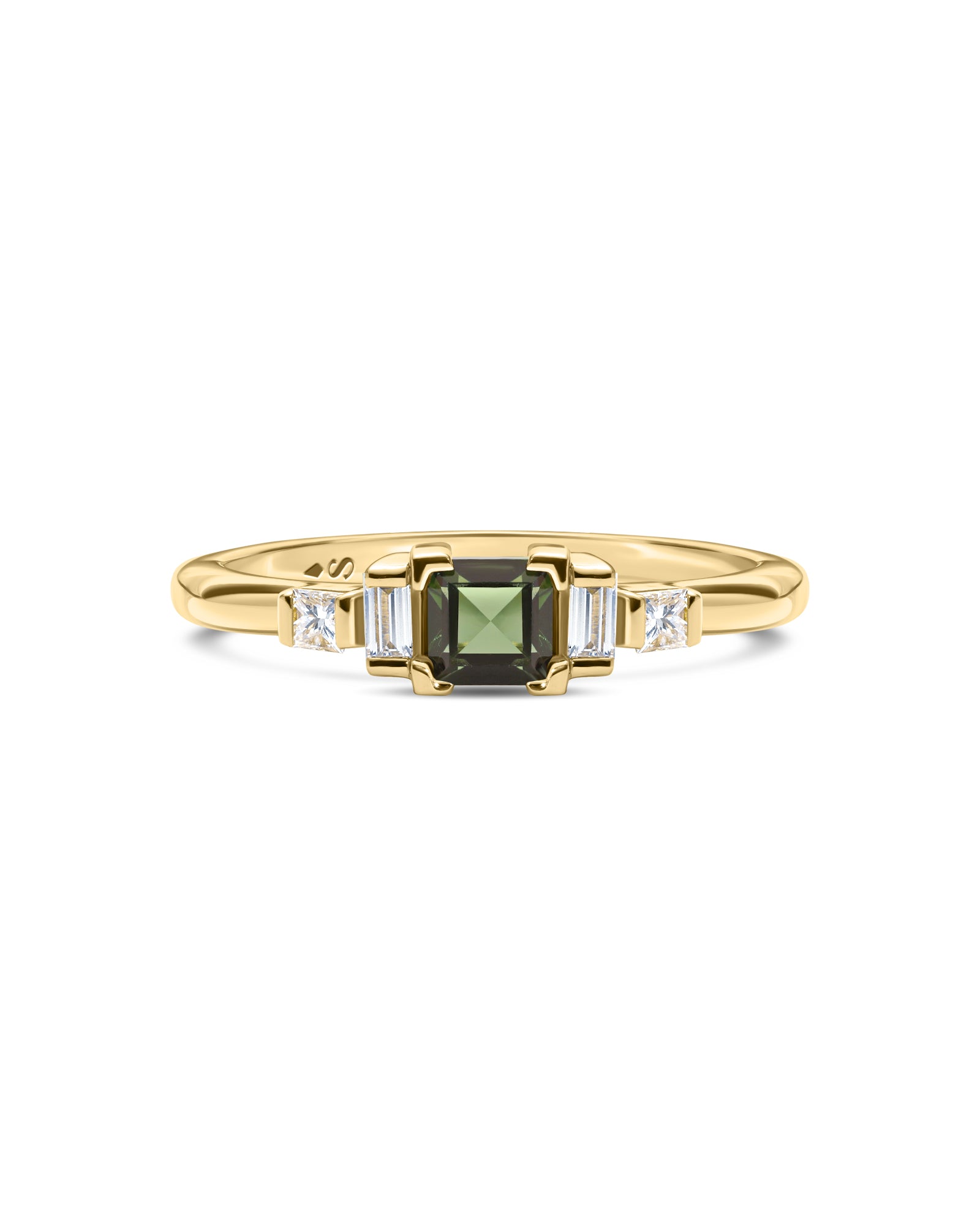 A gold ring featuring a square-cut green tourmaline center stone flanked by two baguette-cut diamonds, set against a white background.