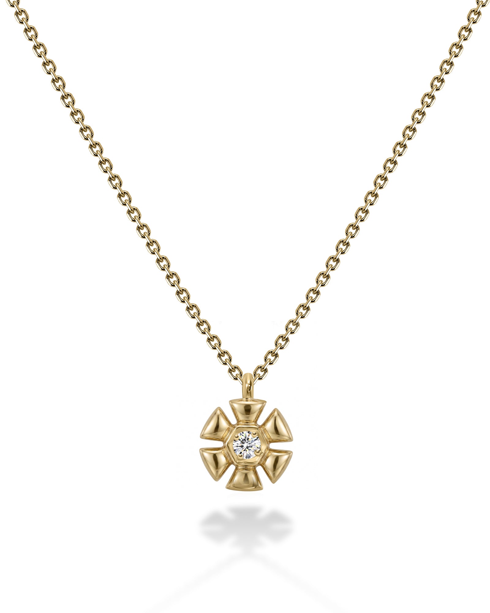 14k gold necklace, flower shape with clear white diamond in the center