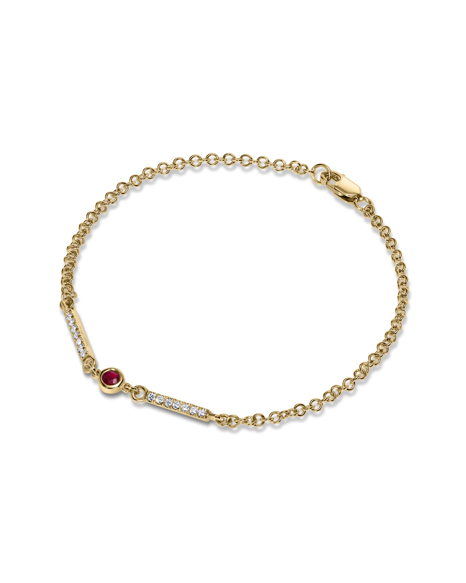 A delicate yellow gold chain bracelet with a bar-shaped charm featuring a single round red ruby gemstone and a row of small clear diamonds, displayed on a clean white background.