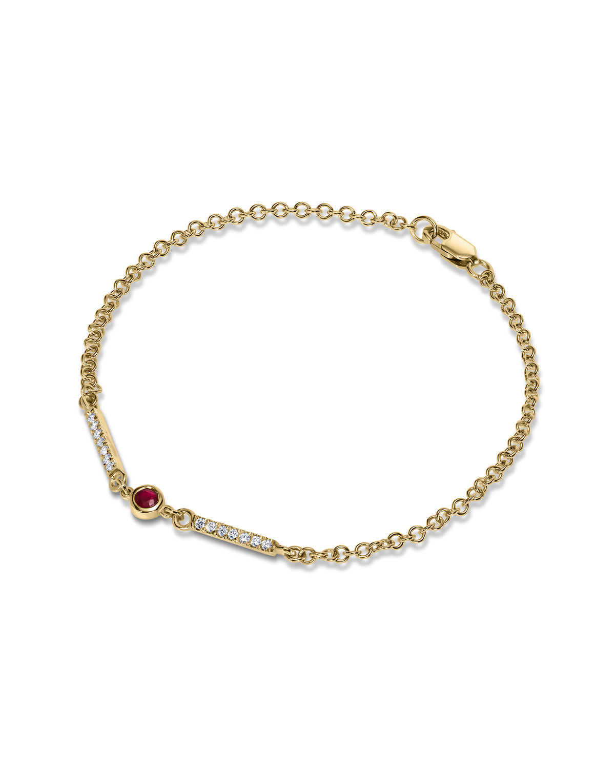A delicate yellow gold chain bracelet with a bar-shaped charm featuring a single round red ruby gemstone and a row of small clear diamonds, displayed on a clean white background.