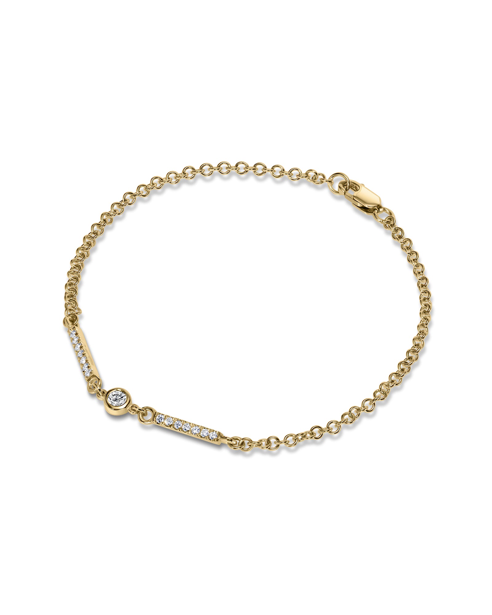 A delicate yellow gold chain bracelet with a bar-shaped pavé diamond centerpiece and a round diamond accent, displayed on a clean white background.