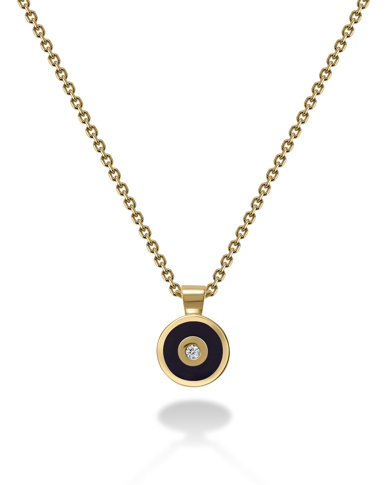 Gold necklace with a blue pendant and white diamond