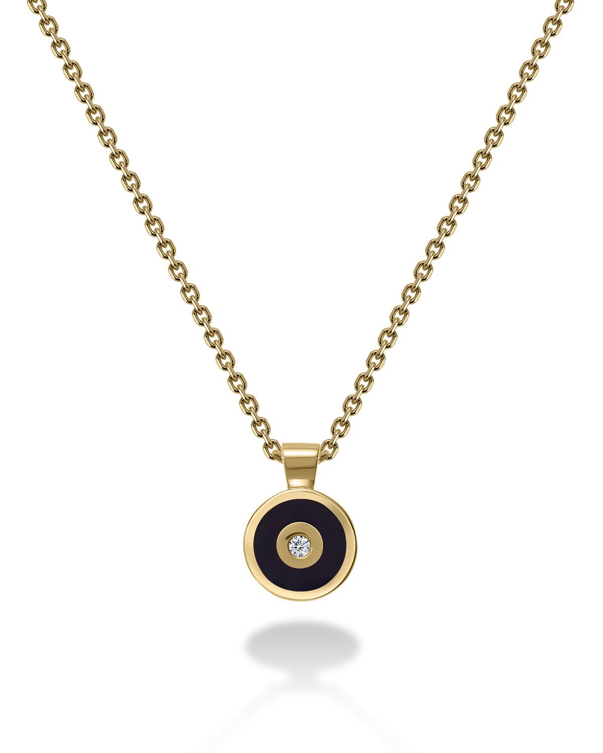 Gold necklace with a blue pendant and white diamond