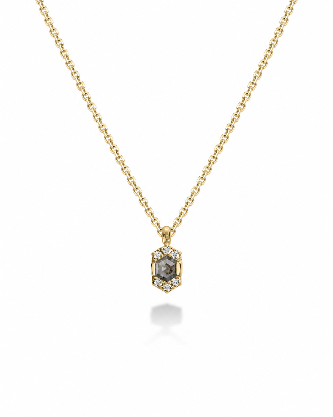 A gold chain necklace with a hexagonal pendant featuring a dark gray rectangular center diamond surrounded by small clear white diamonds, shown on a white background.