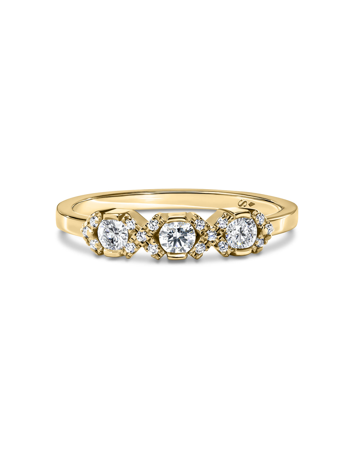 Gold ring with diamonds on a white background