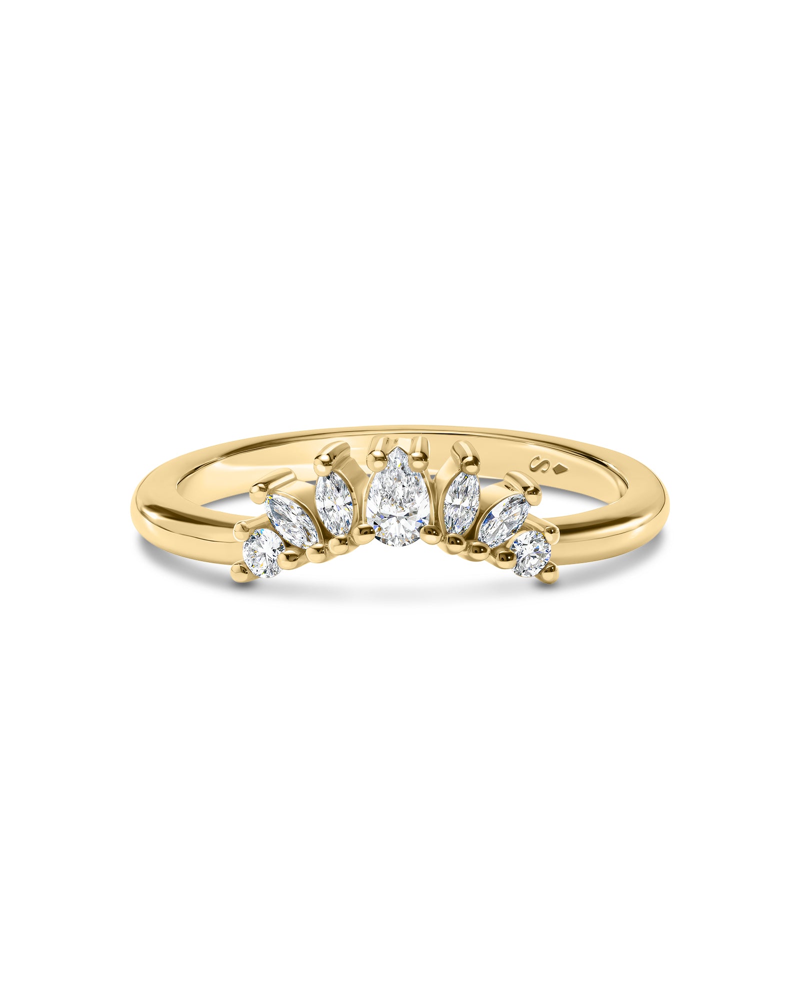 A yellow gold ring featuring a marquise-cut diamond cluster with a central round diamond and smaller diamonds on either side, shown on a plain white background.