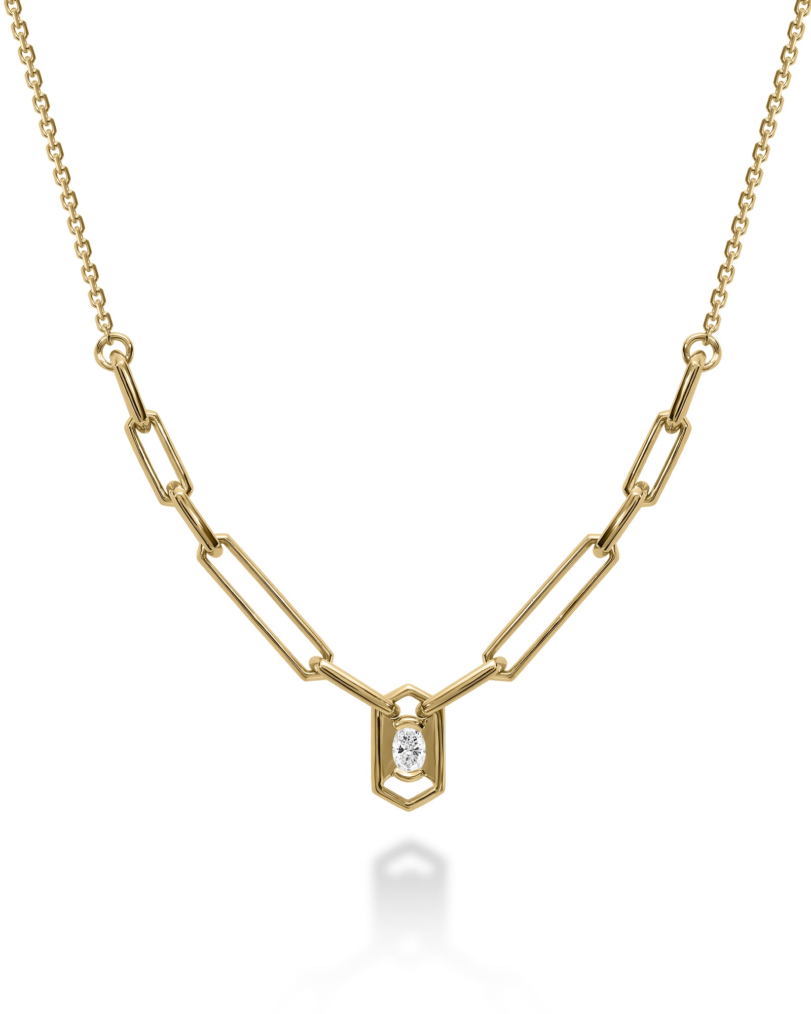 A gold chain necklace featuring a geometric link design that converges into a central pendant frame holding a clear diamond, shown on a white background with a soft reflection.