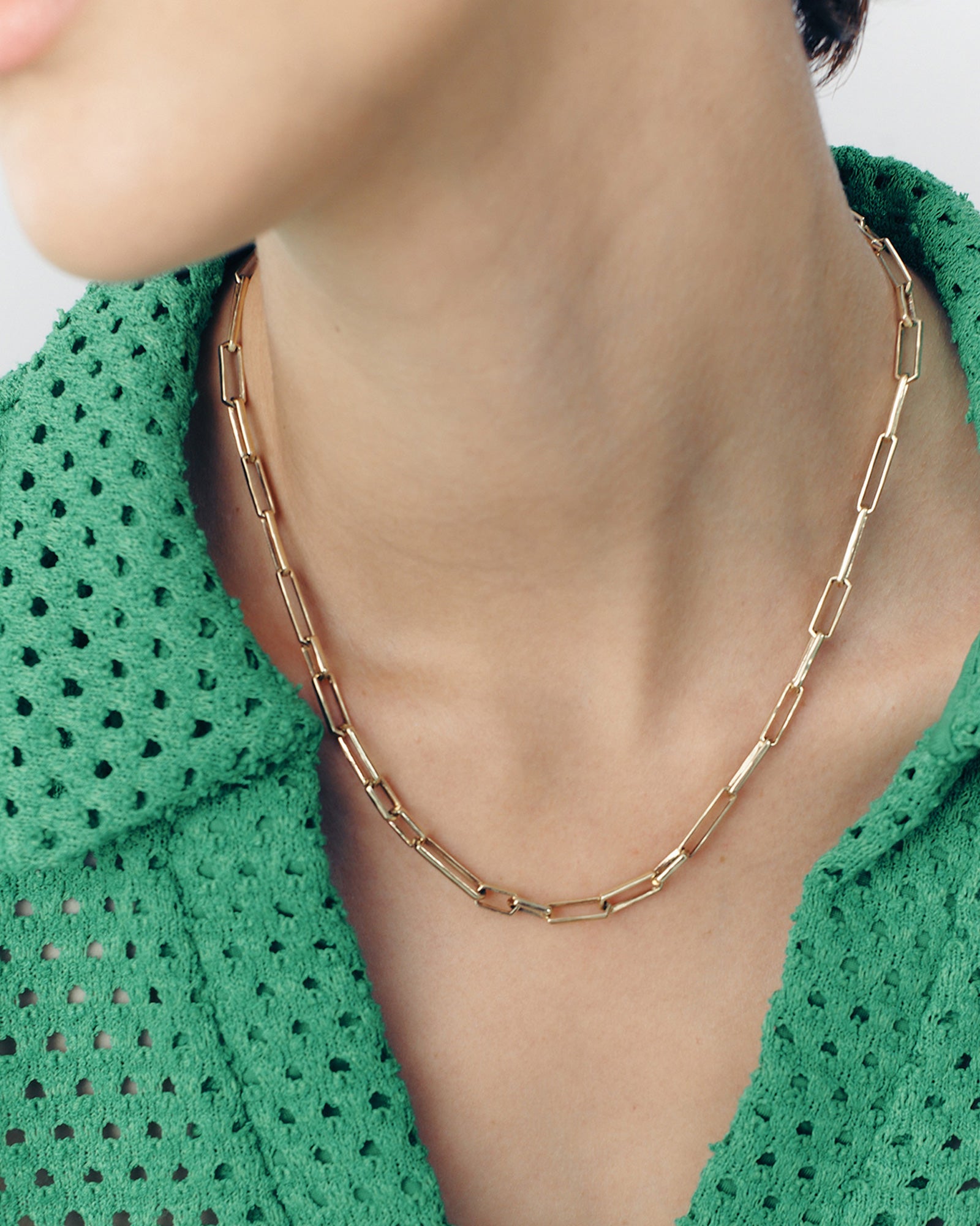 A person wearing a green sweater modeling a gold necklace with hexagonal links.